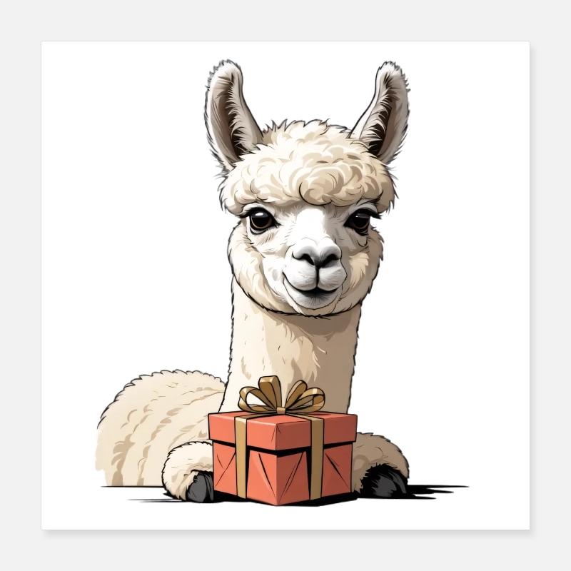 Alpaka mit Geschenkbox Poster 40x40 cm