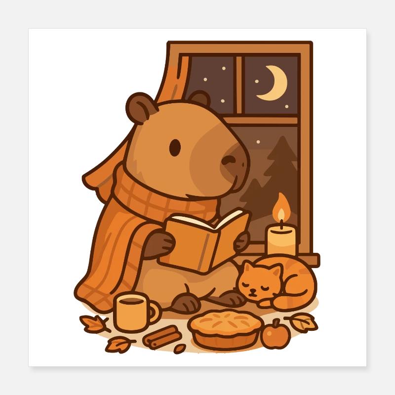 Capybara Reading Nook – Cozy Herbstabend Poster 40x40 cm