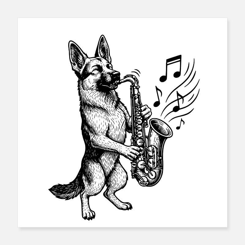 Saxophone German Shepherd Art Poster 16" x 16" (40x40 cm)