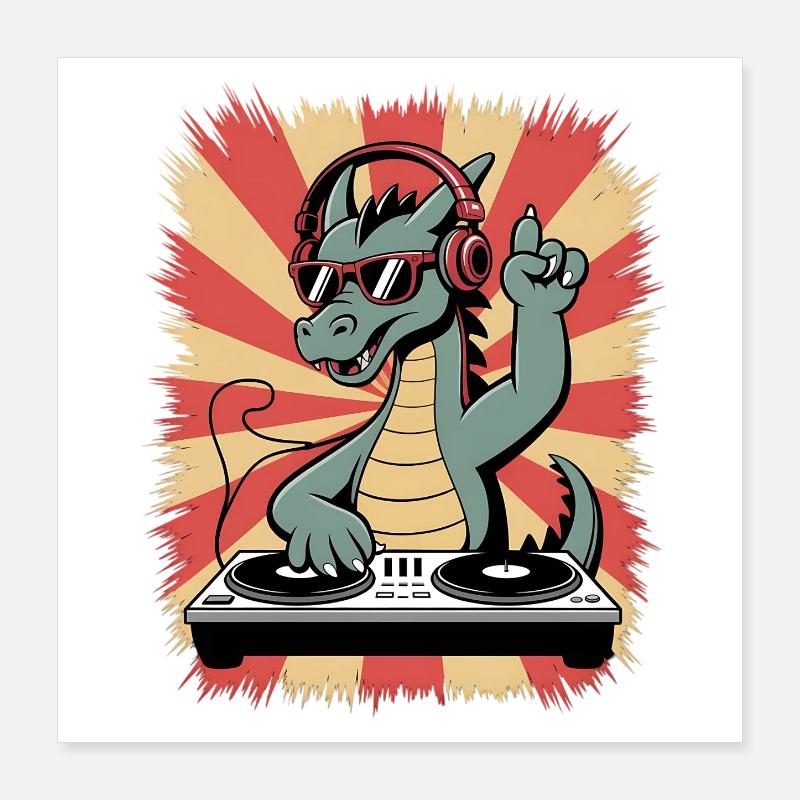 Dragon DJ avec rythme au casque Poster 40 x 40 cm