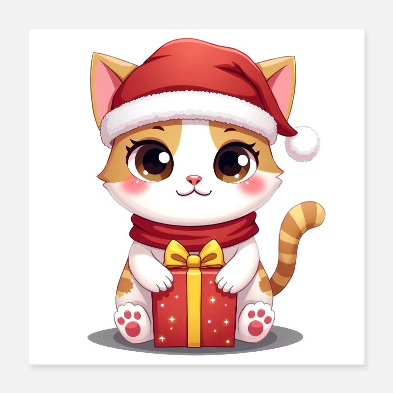 Cute cat Christmas with present Poster 16" x 16" (40x40 cm)