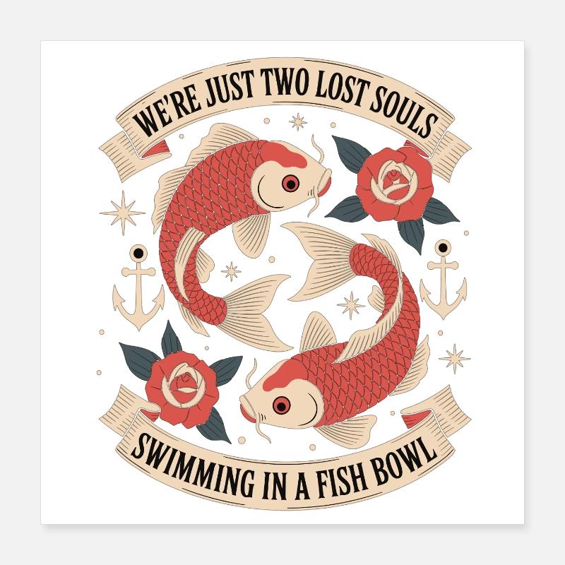 Deux âmes perdues - Style de tatouage de poisson koi Poster 40 x 40 cm