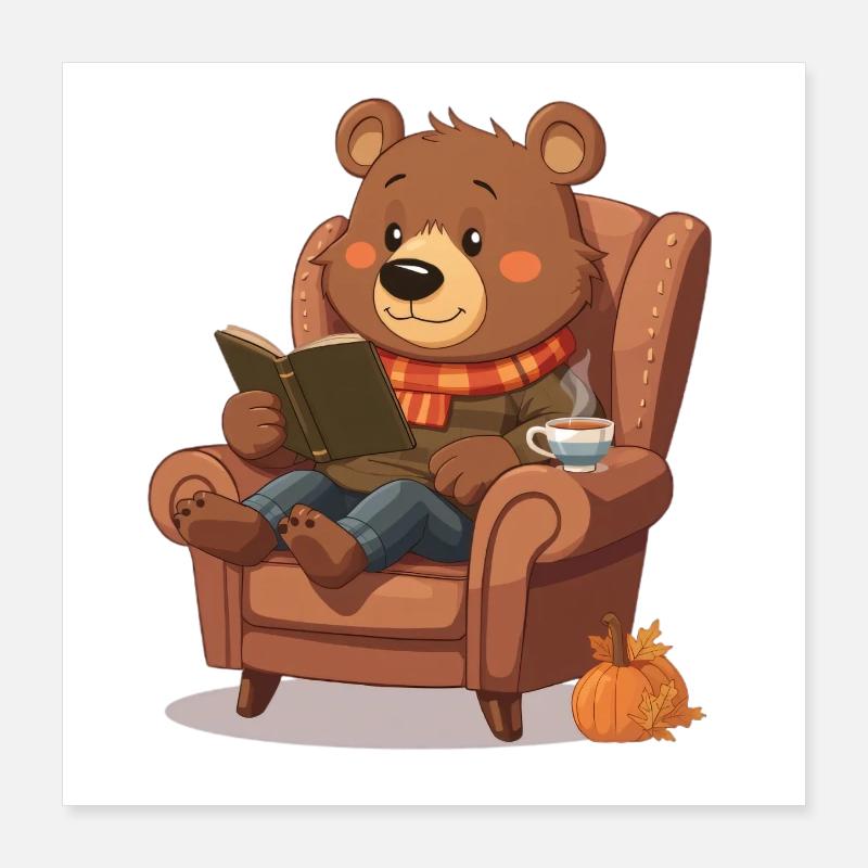 Lesender Bär im Herbstsessel Poster 40x40 cm