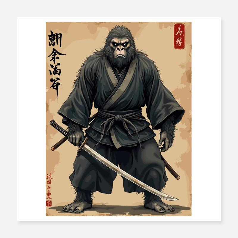 Gorille Samouraï avec Katana - Poster 40 x 40 cm - blanc