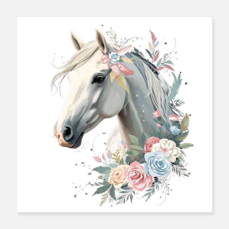 Cheval avec couronne florale Aquarelle Poster 40 x 40 cm