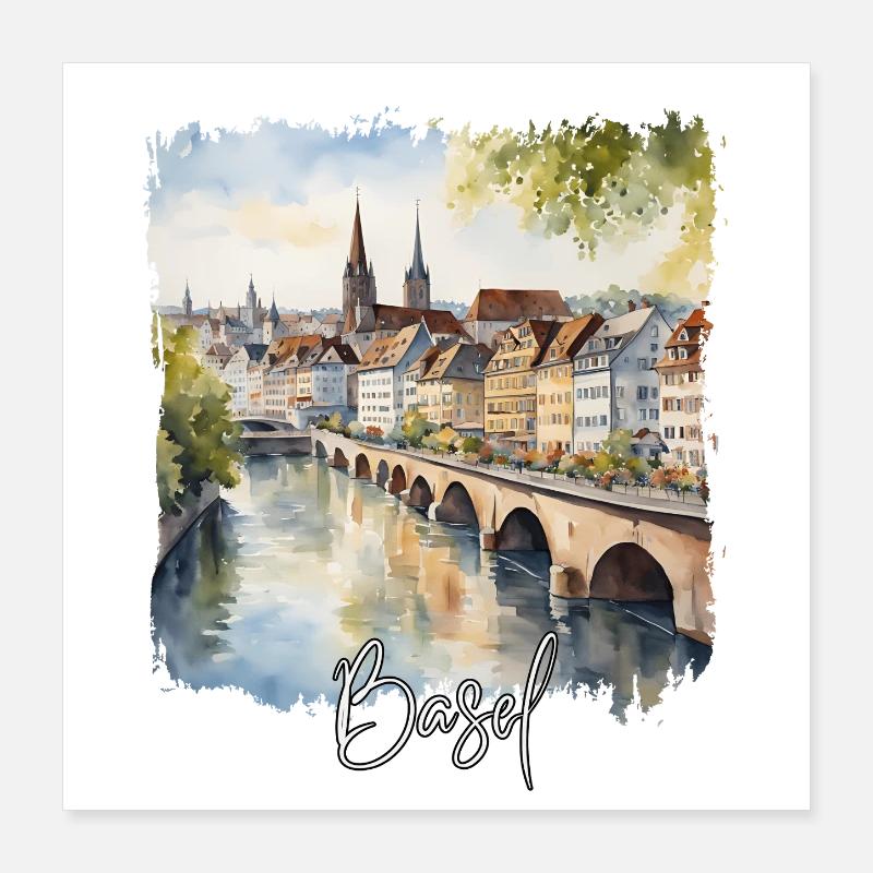 Aquarelle de Bâle, Bâle Suisse Poster 40 x 40 cm