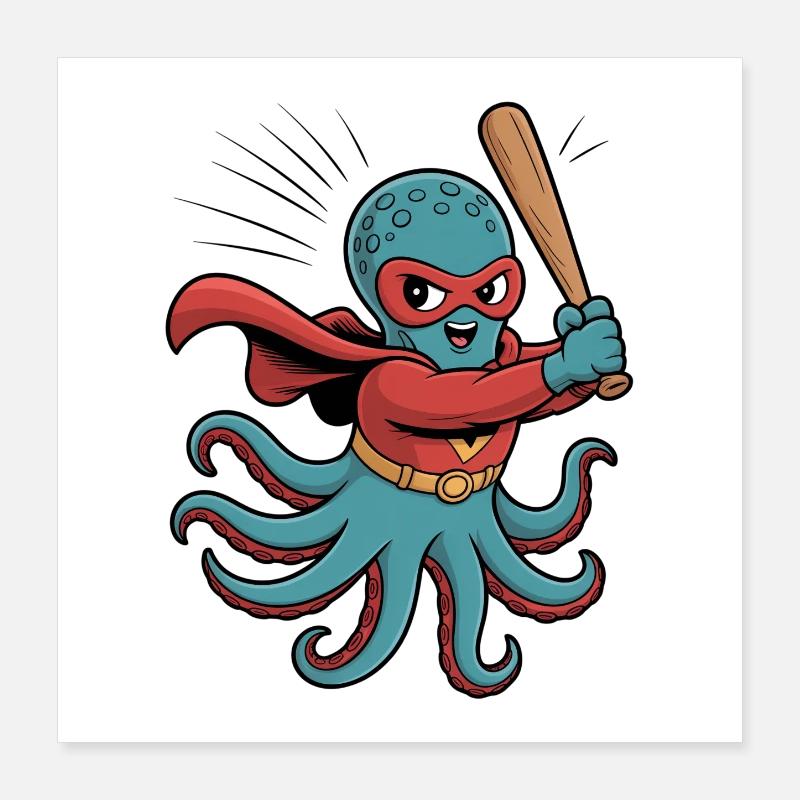 Baseball Oktopus Superheld Poster 40x40 cm