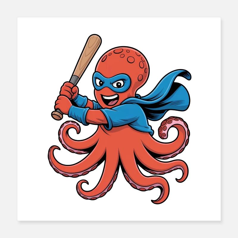 Baseball Oktopus Superheld Poster 40x40 cm