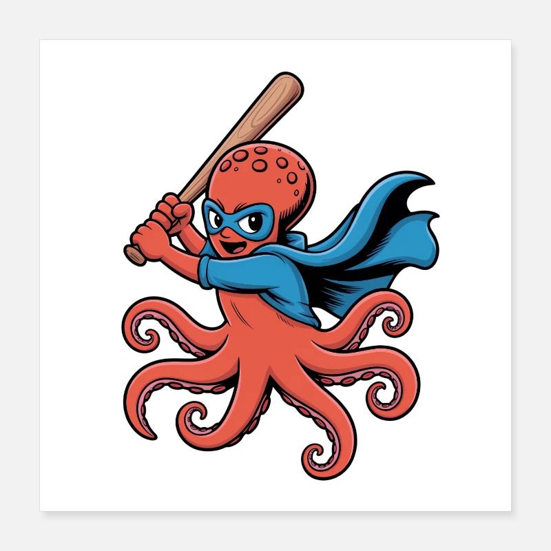 Baseball Octopus Superhero Poster 16" x 16" (40x40 cm)