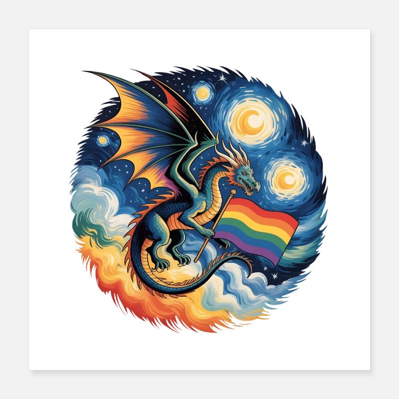 Pridelike Dragon with Rainbow Flag Poster 16" x 16" (40x40 cm)