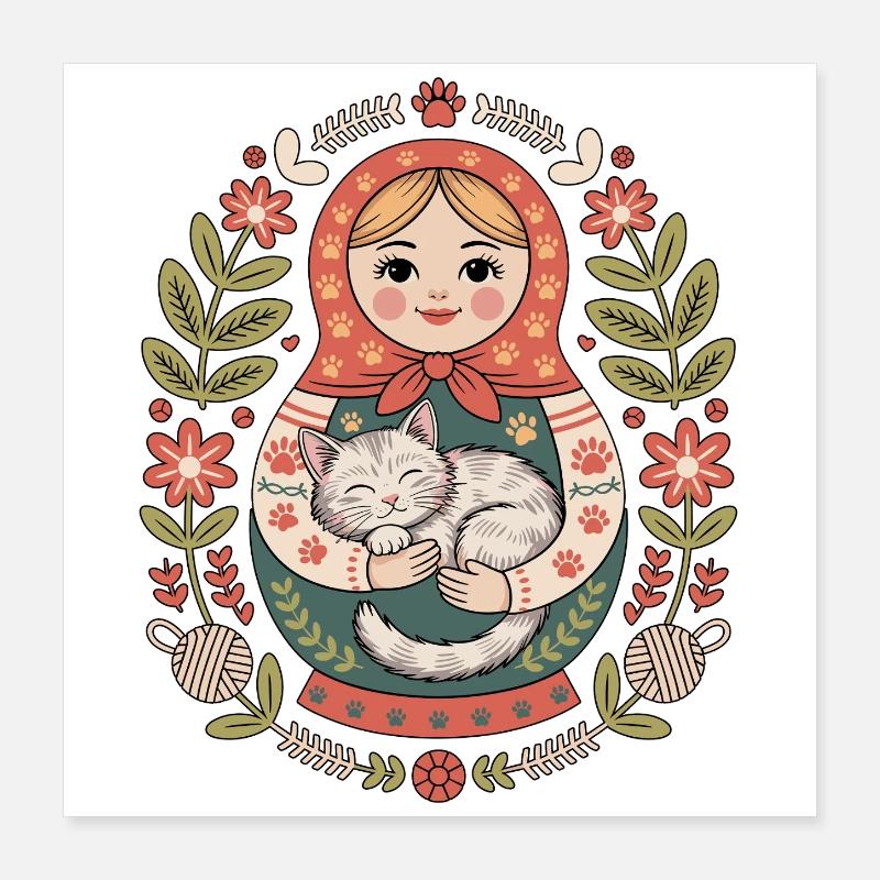 Matryoshka Cat with Flower Greeting Poster 16" x 16" (40x40 cm)