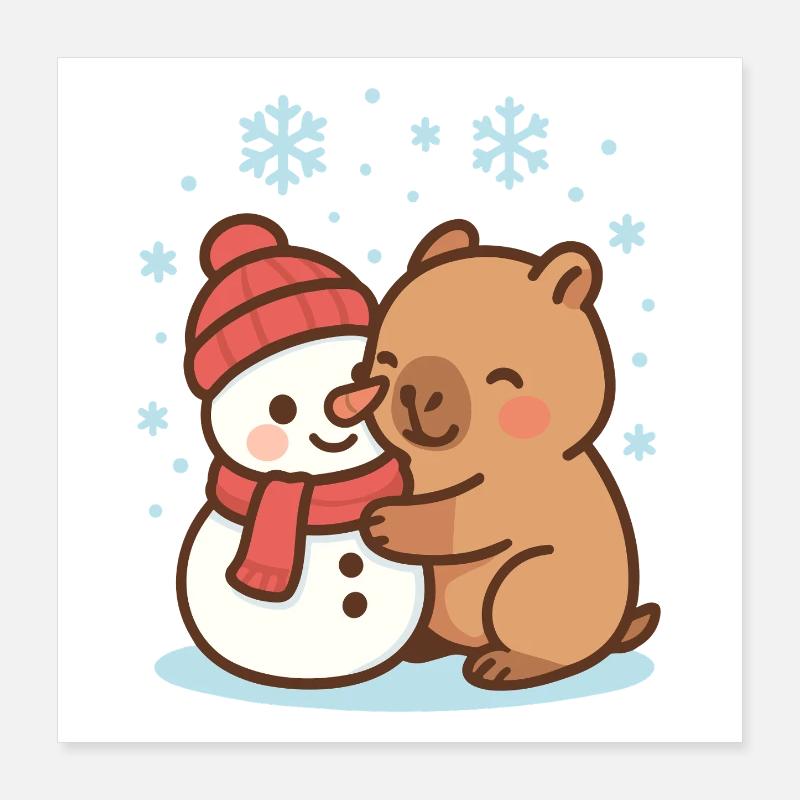 Capybara hugging snowman in winter Poster 16" x 16" (40x40 cm)