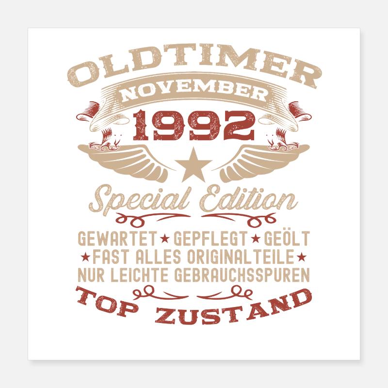 33. Geburtstag Geschenk Oldtimer November 1992 Poster 40x40 cm
