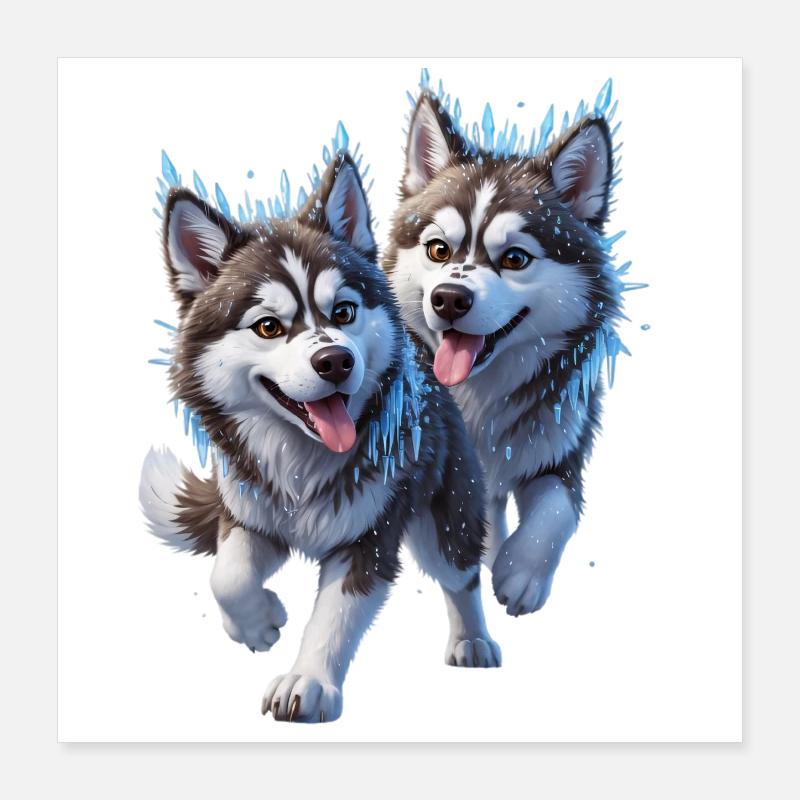 Two huskies with snow and icicles Poster 16" x 16" (40x40 cm)