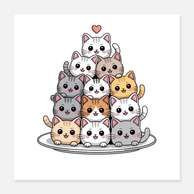 Cute Cat Stack With Heart Cartoon Poster 16" x 16" (40x40 cm)