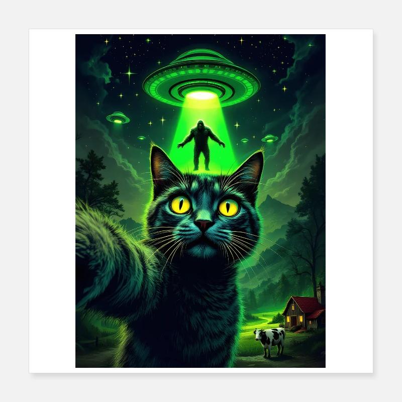 Néon OVNI Chat au clair de lune Poster 40 x 40 cm