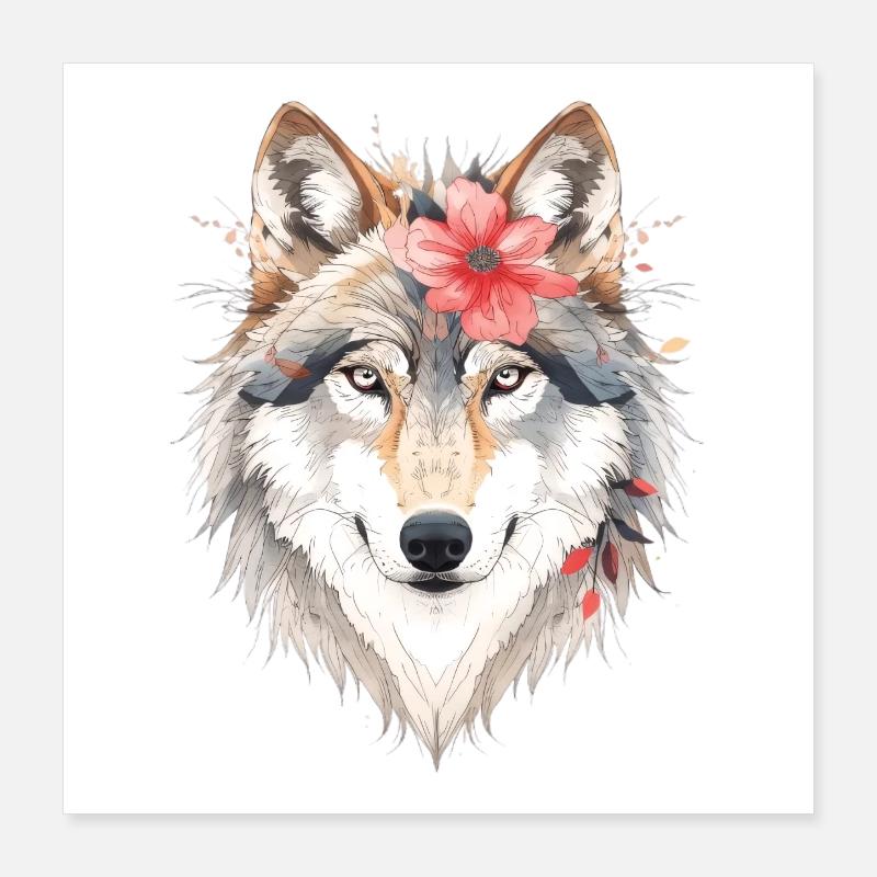 Tête de loup avec couronne de fleurs Poster 40 x 40 cm