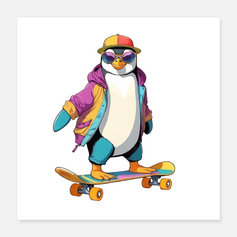 Pingouin Skateboard Look Neon Poster 40 x 40 cm