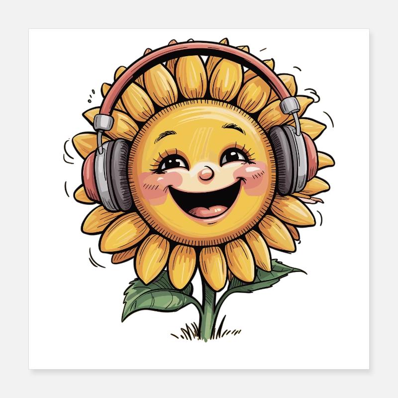 Fröhliche Sonnenblume mit Kopfhörern Smile & Shine Poster 40x40 cm