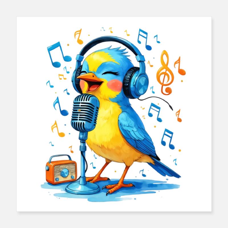 Karaoke Vogel mit Kopfhörern Poster 40x40 cm