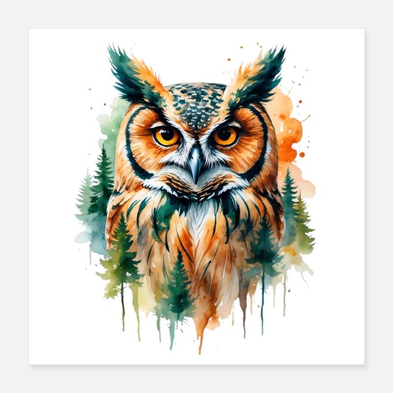 Wasserfarbene Eule im Walddesign Poster 40x40 cm