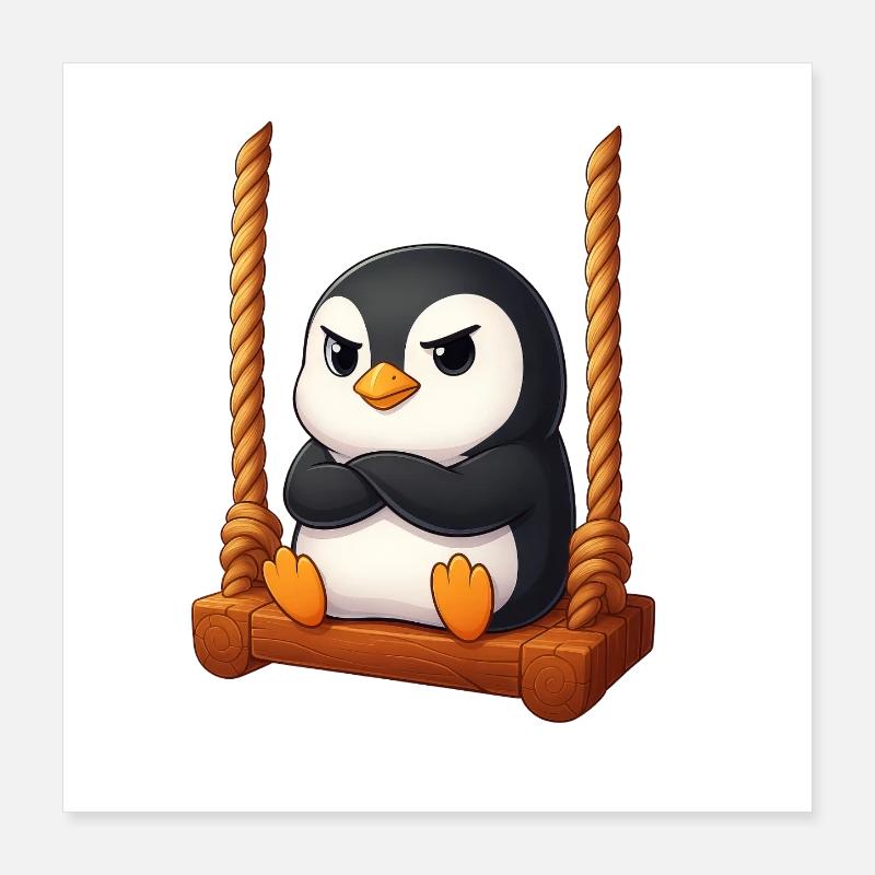 pingouin mignon sur balançoire terrain de jeu dessin animé Poster 40 x 40 cm