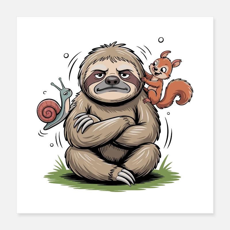Selbstbewusstes Faultier mit Begleitfreunden Poster 40x40 cm