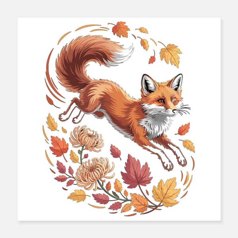Renard avec des feuilles d’automne Poster 40 x 40 cm
