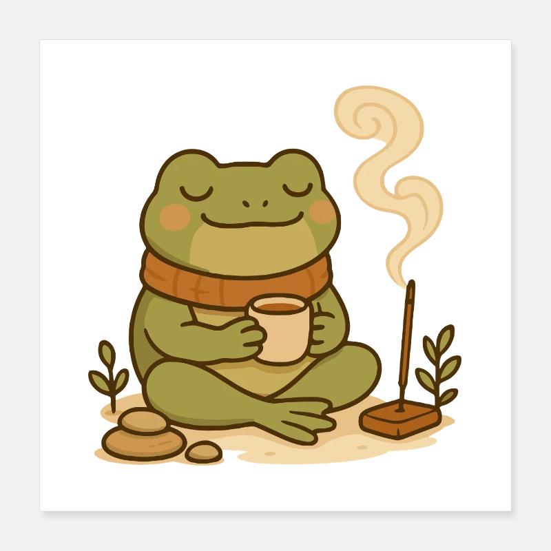 Achtsamer Frosch mit Tee & Räucherstäbchen Poster 40x40 cm