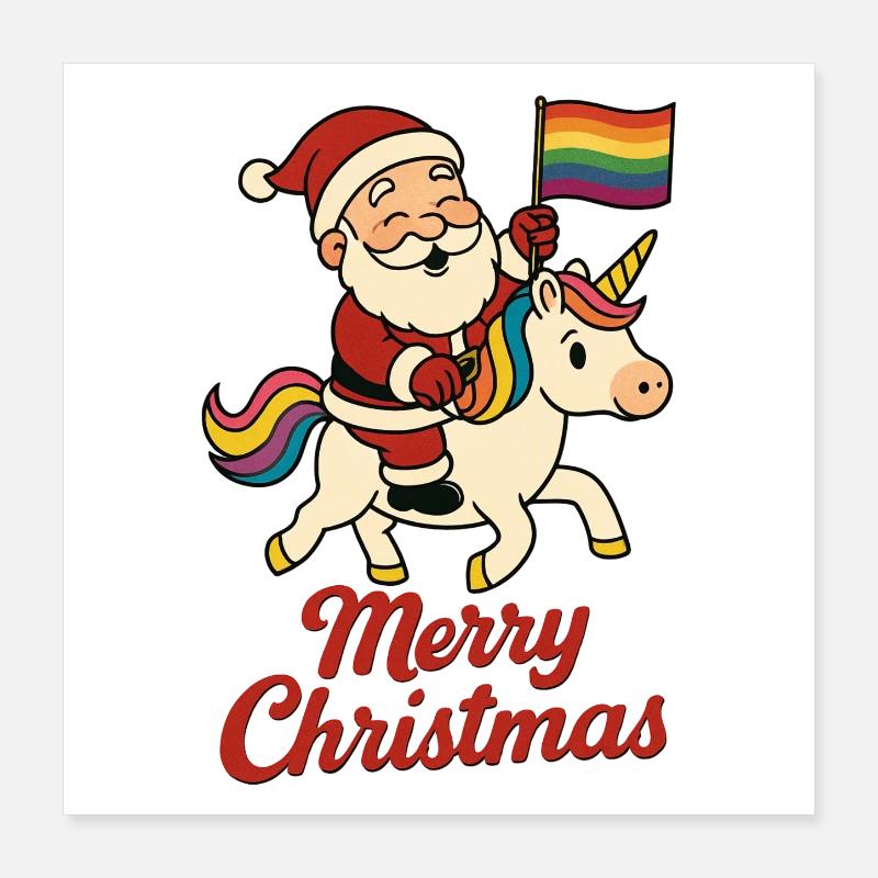 Weihnachtsmann auf Einhorn mit Regenbogenfahne Poster 40x40 cm
