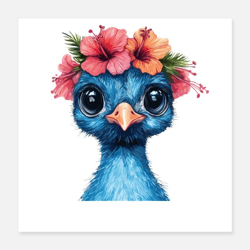 Oiseau bleu avec couronne d’hibiscus Poster 40 x 40 cm