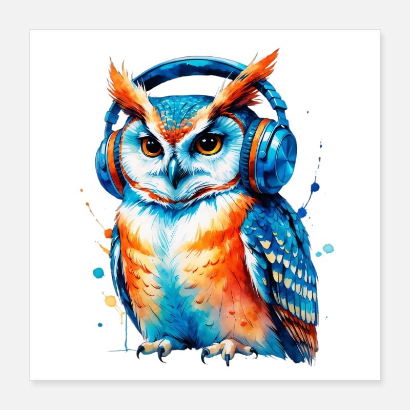 Kopfhörer Eule in Farbenspiel Poster 40x40 cm