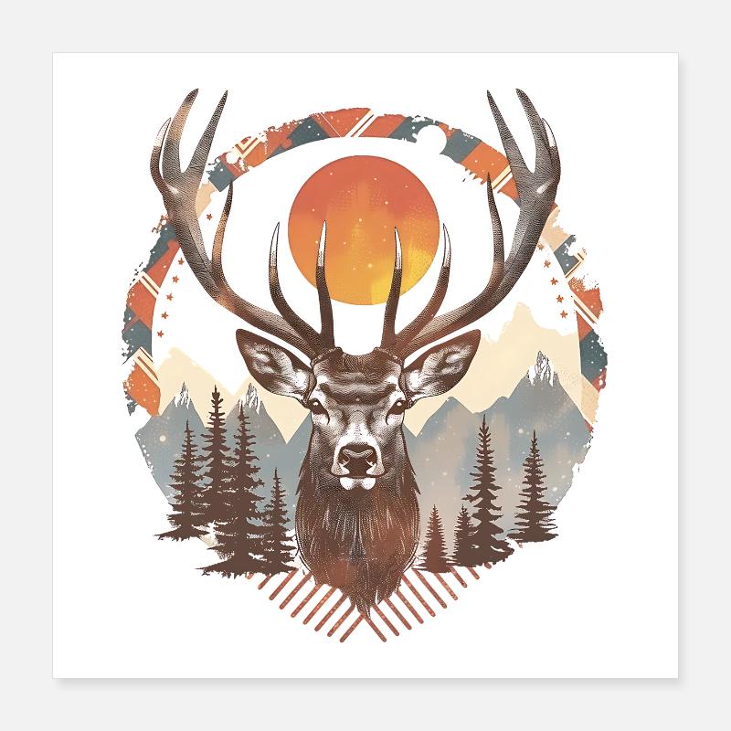 Hirsch unter der Sonne im Wald Poster 40x40 cm