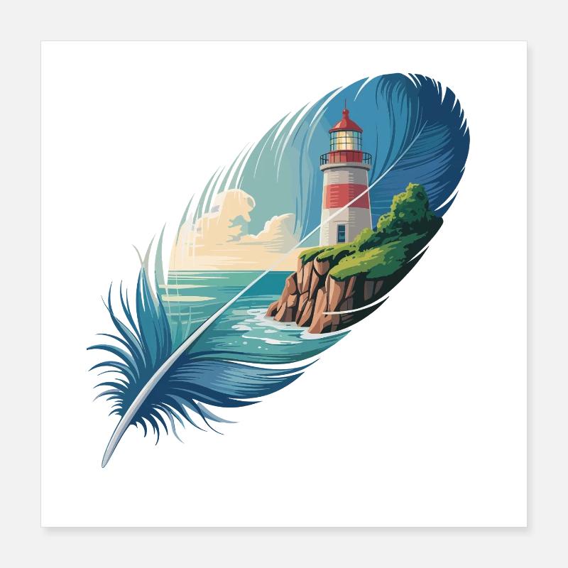 Lighthouse in Feather Landscape Painting Poster 16" x 16" (40x40 cm)