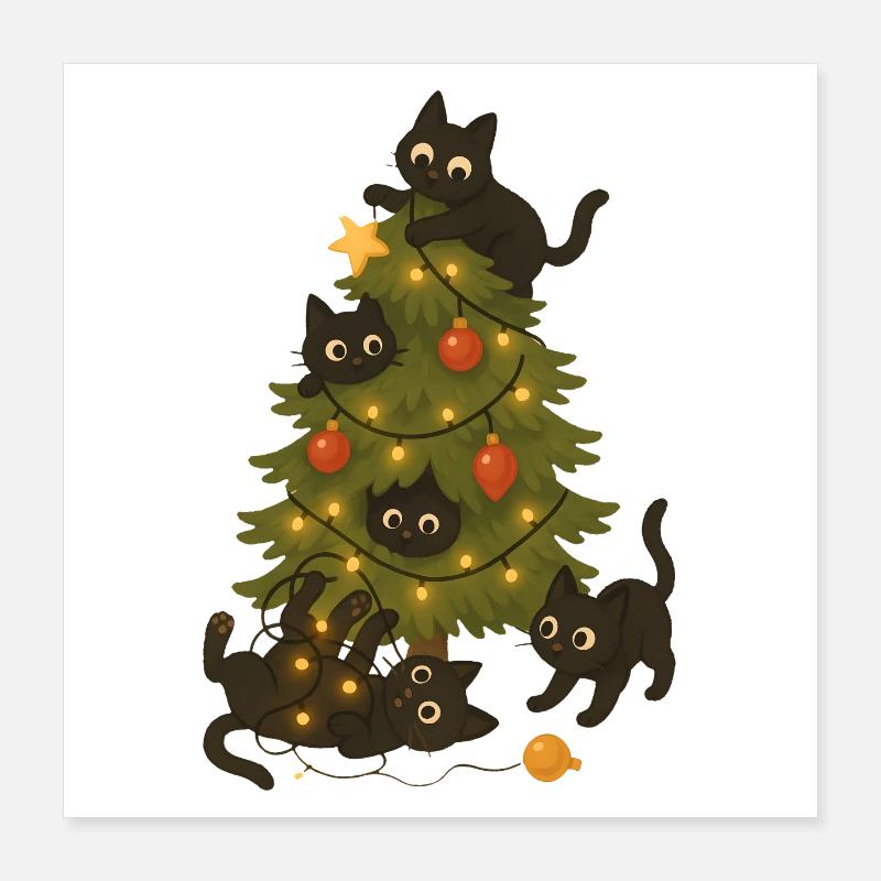 Drôles de chats jouant autour de l’arbre de Noël Poster 40 x 40 cm
