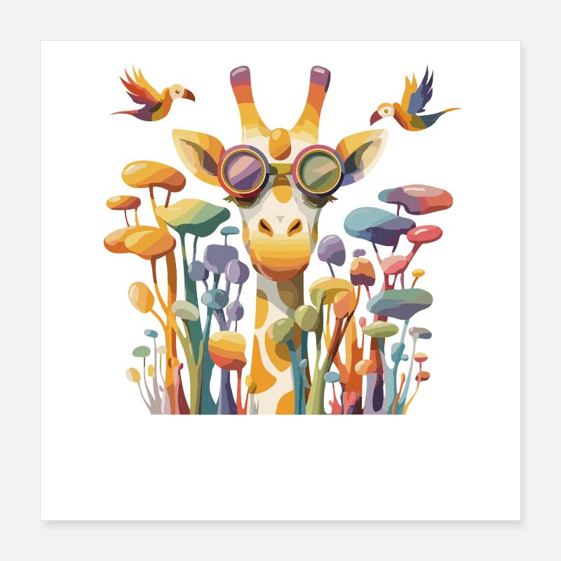 Girafe dans un jeu de couleurs avec une forêt de champignons Poster 40 x 40 cm