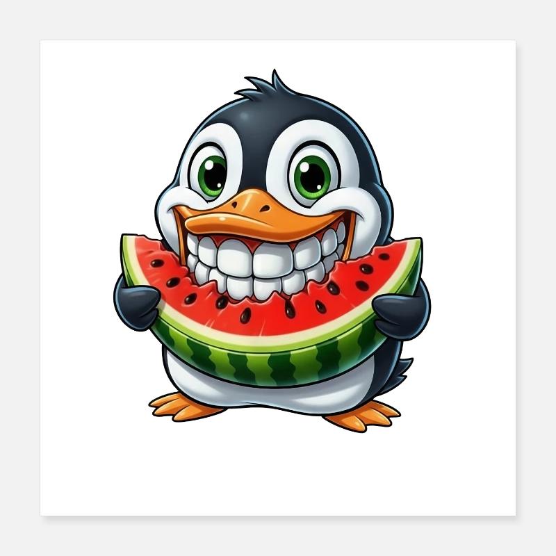 Pingouin joyeux avec pastèque fruit d’été Poster 40 x 40 cm