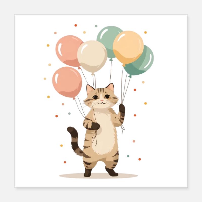 Katze mit bunten Ballons Poster 40x40 cm