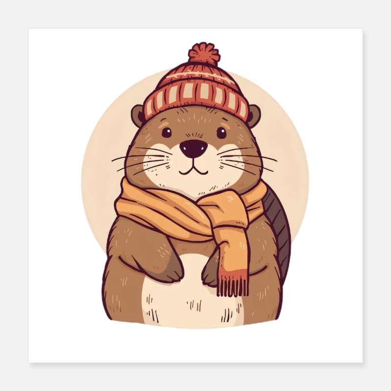Bieber d’hiver avec écharpe et chapeau Poster 40 x 40 cm