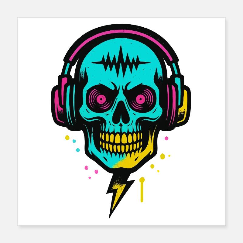 Neon Skull Kopfhörer, Dark Rave Beats Poster 40x40 cm