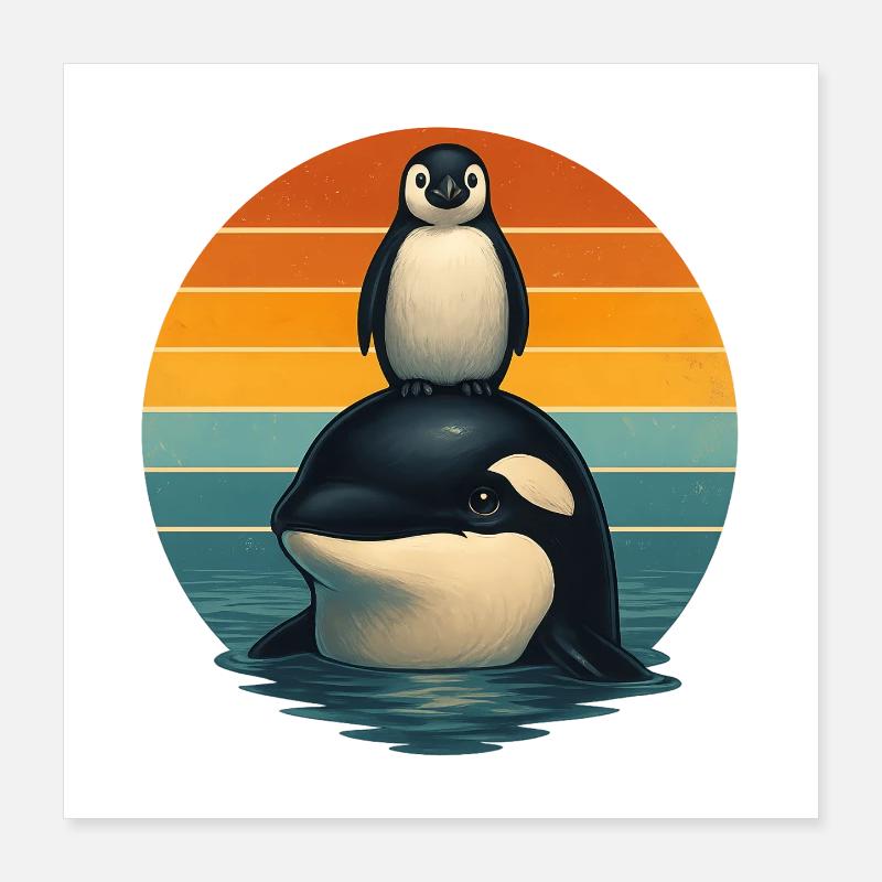 Orca Pinguin Retro Tierfreunde Poster 40x40 cm