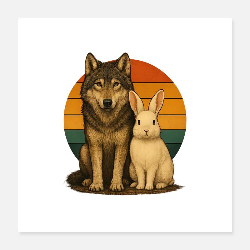 Wolf Rabbit Retro Animal Lovers Poster 16" x 16" (40x40 cm)