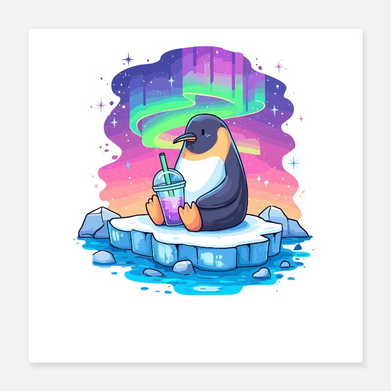 Pinguin am Polarlicht Drink Poster 40x40 cm