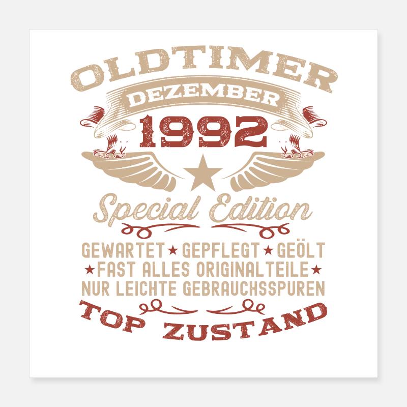 33. Geburtstag Geschenk Oldtimer Dezember 1992 Poster 40x40 cm