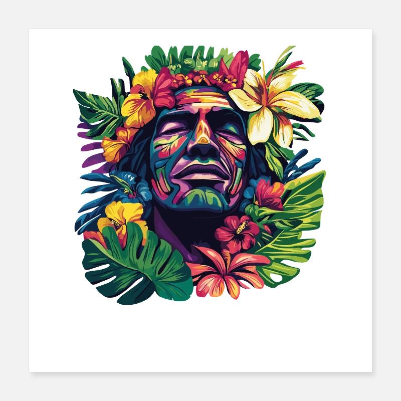 Tropischer Gesichtskopf mit Blumenkranz Poster 40x40 cm