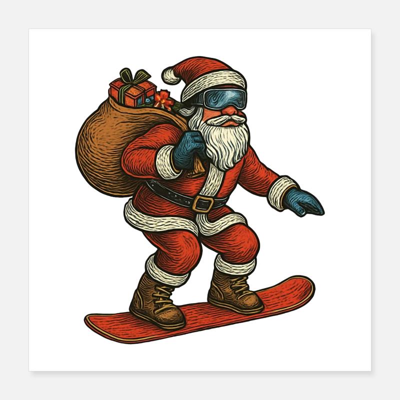 Weihnachtsmann auf Snowboard mit Geschenken Poster 40x40 cm