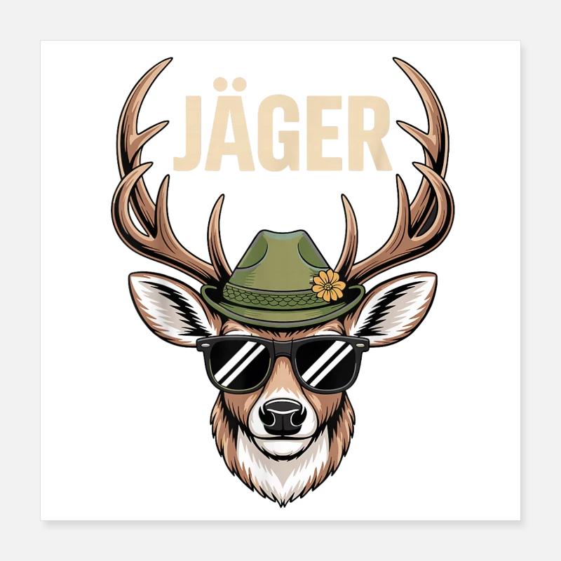 Hunter Deer with Hat Sunglasses Poster 16" x 16" (40x40 cm)