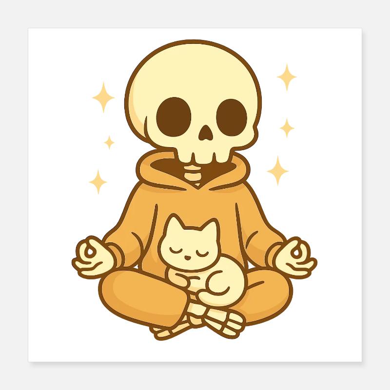 Meditation Skelett mit Katze – Cozy Cute Poster 40x40 cm