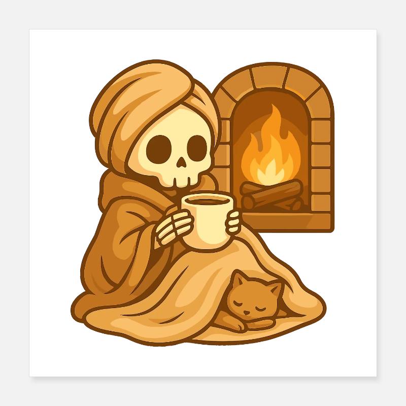 Cozy Fireplace Skeleton – Warm & Relaxed Poster 16" x 16" (40x40 cm)