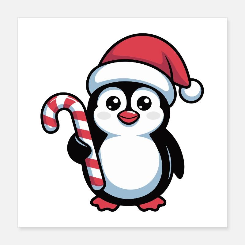 Père Noël pingouin avec une canne d’orge d’orge Poster 40 x 40 cm